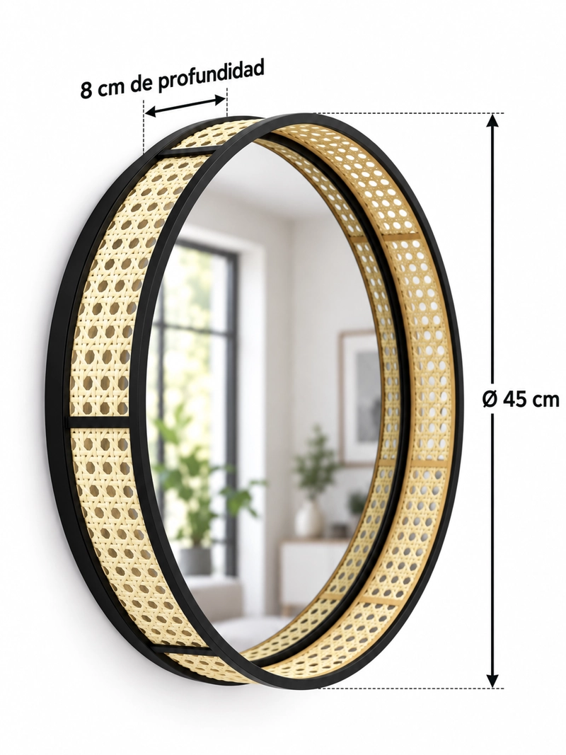 ESPEJO CIRCULAR DE PARED DECORATIVO RATAN SINTETICO Y MARCO METAL NEGRO 45 CM - 8