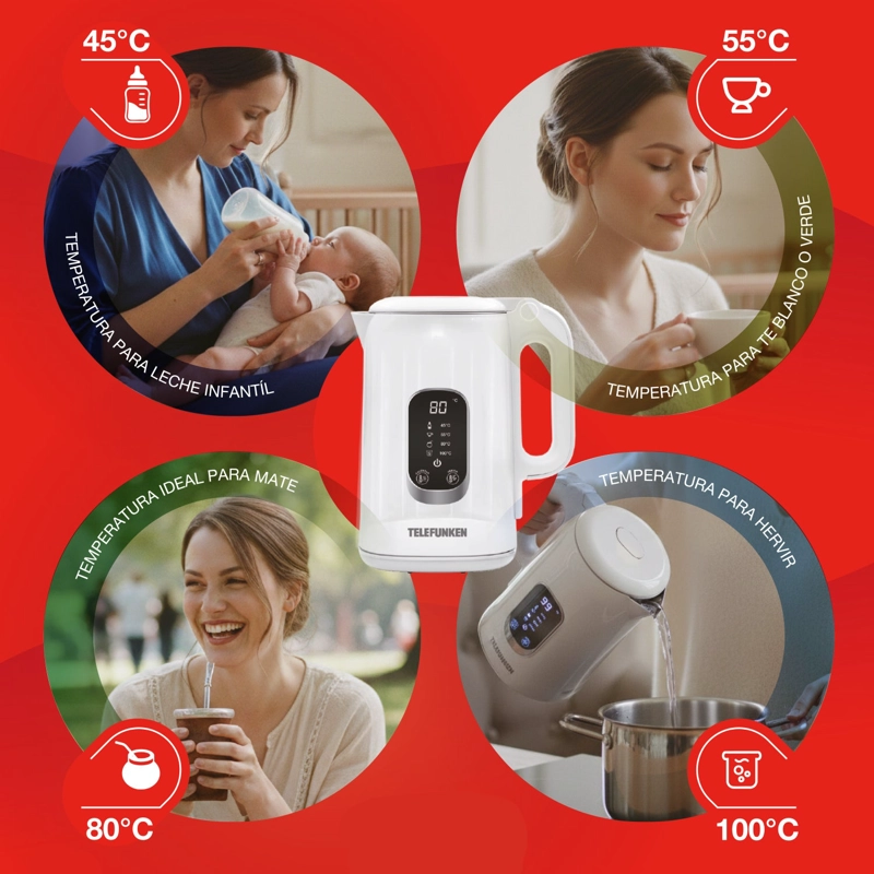 HERVIDOR ELECTRICO DIGITAL TELEFUNKEN 1,8 LITROS 1500W CONTROL DE TEMPERATURA KEEP WARM PAVA BLANCO - 5