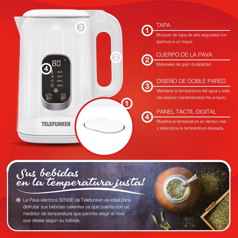 HERVIDOR ELECTRICO DIGITAL TELEFUNKEN 1,8 LITROS 1500W CONTROL DE TEMPERATURA KEEP WARM PAVA BLANCO - 7