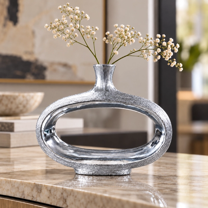 FLORERO JARRON DECORATIVO DE CERAMICA OVALADO CON ABERTURA CENTRAL DORADO 25 CM - 1