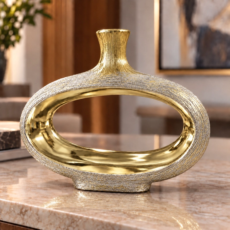 FLORERO JARRON DECORATIVO DE CERAMICA OVALADO CON ABERTURA CENTRAL DORADO 25 CM