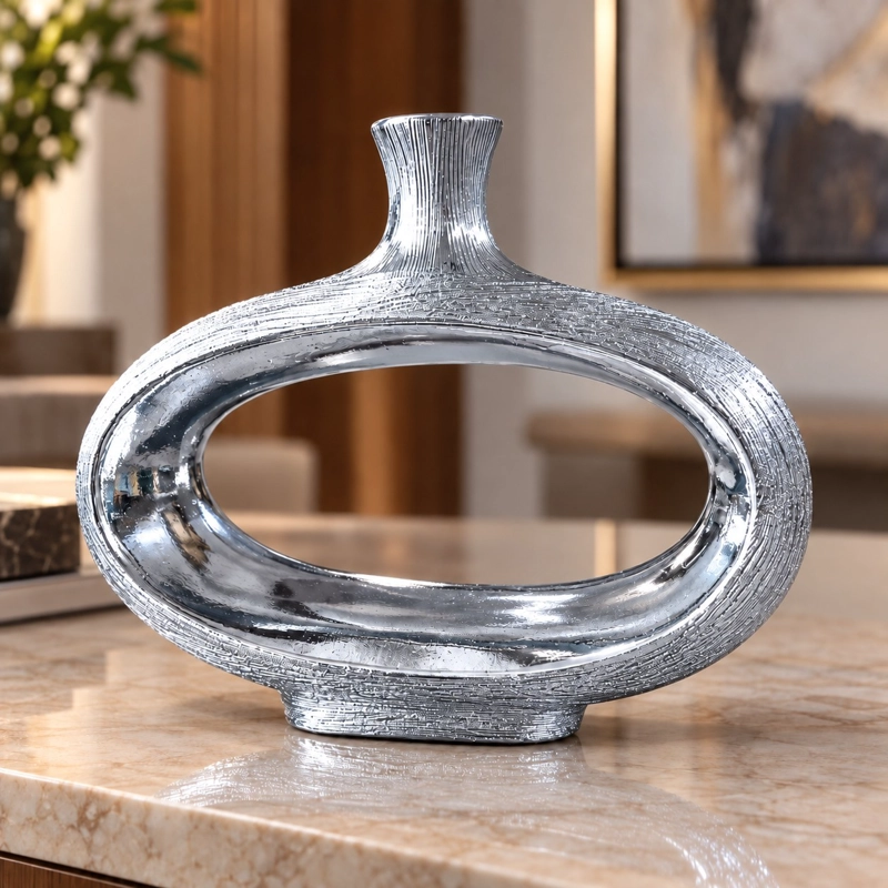 FLORERO JARRON DECORATIVO DE CERAMICA OVALADO CON ABERTURA CENTRAL DORADO 25 CM - 3