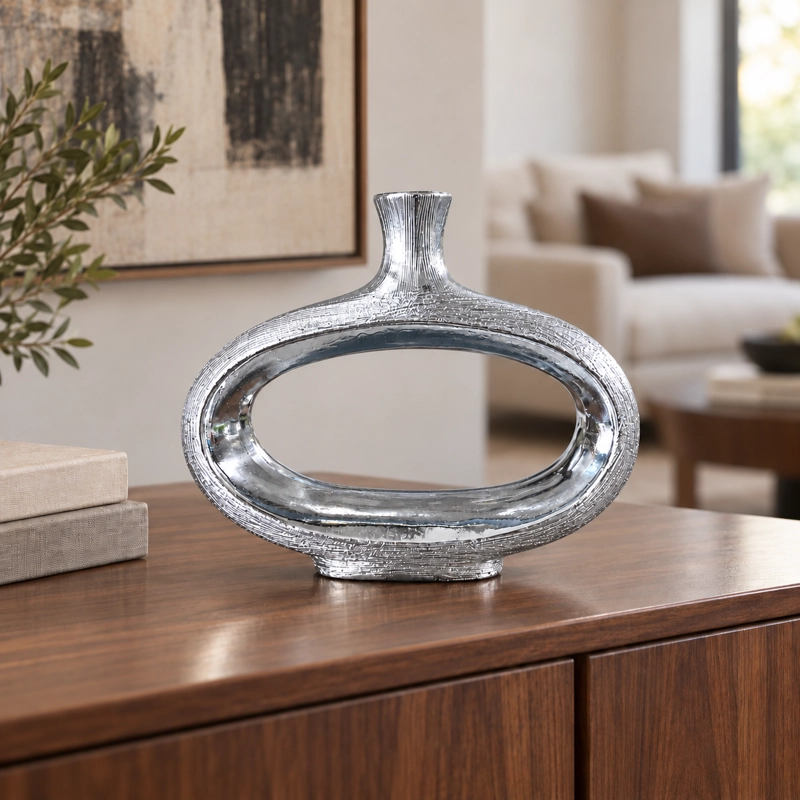 FLORERO JARRON DECORATIVO DE CERAMICA OVALADO CON ABERTURA CENTRAL DORADO 25 CM - 5