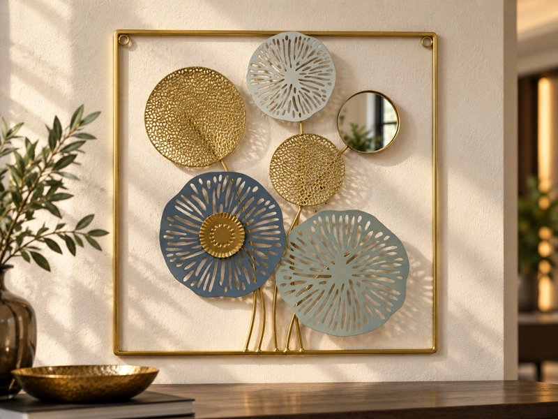 CUADRO DECORATIVO METALICO FLORAL CON ESPEJO 45X45 CM DISEÑO CALADO DORADO Y AZUL - 1