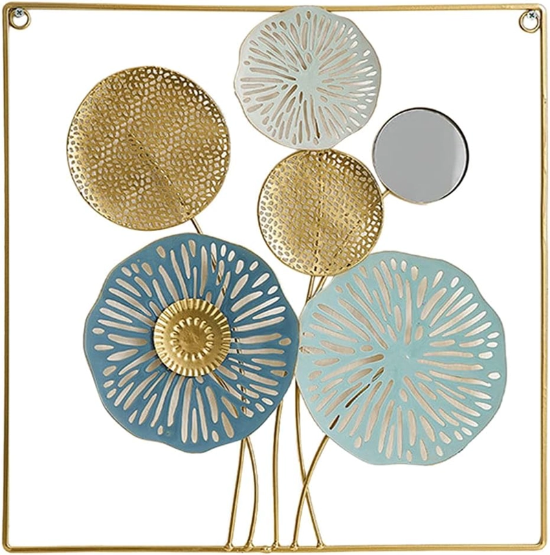 CUADRO DECORATIVO METALICO FLORAL CON ESPEJO 45X45 CM DISEÑO CALADO DORADO Y AZUL - 2
