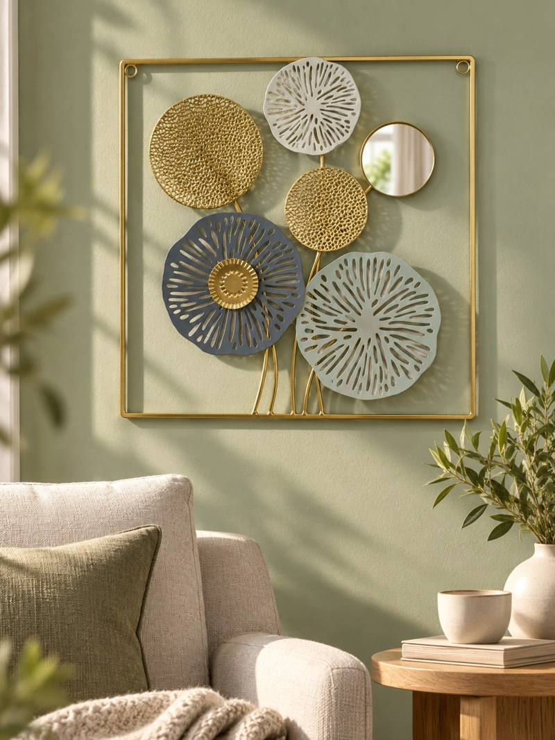 CUADRO DECORATIVO METALICO FLORAL CON ESPEJO 45X45 CM DISEÑO CALADO DORADO Y AZUL - 3