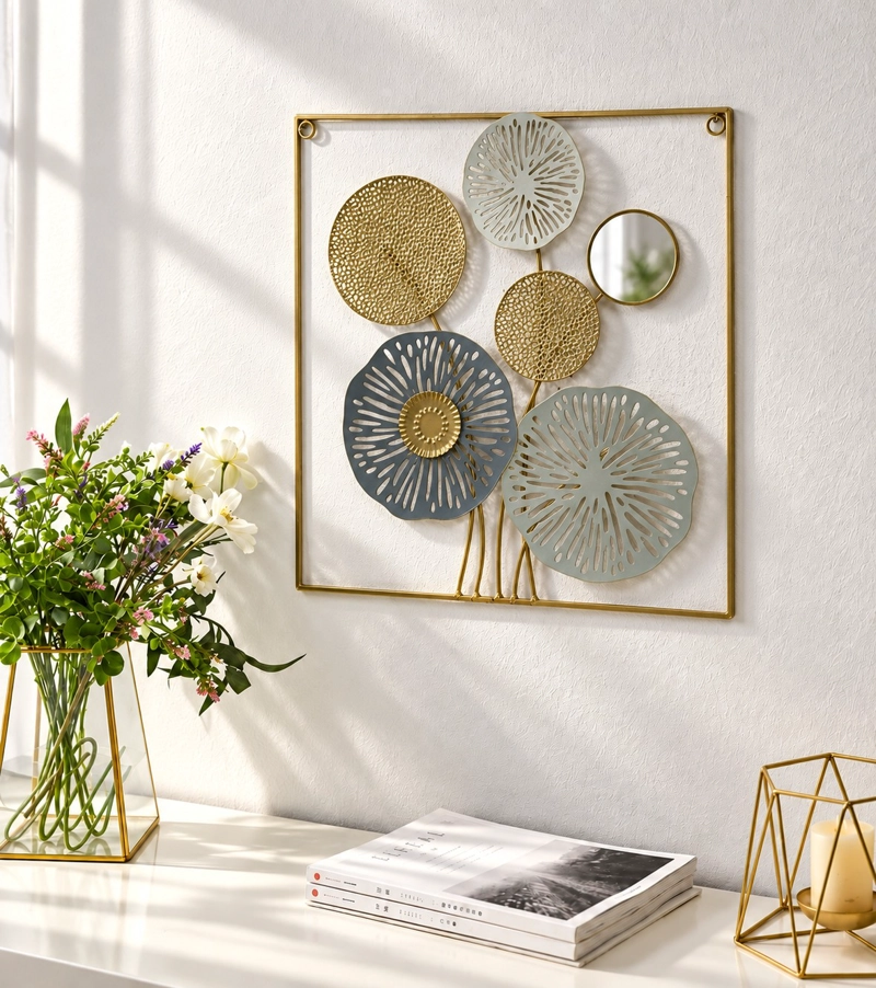 CUADRO DECORATIVO METALICO FLORAL CON ESPEJO 45X45 CM DISEÑO CALADO DORADO Y AZUL - 4