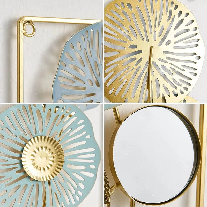 CUADRO DECORATIVO METALICO FLORAL CON ESPEJO 45X45 CM DISEÑO CALADO DORADO Y AZUL - 5