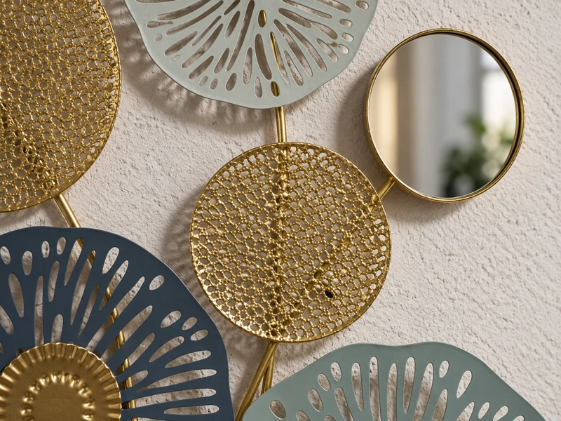 CUADRO DECORATIVO METALICO FLORAL CON ESPEJO 45X45 CM DISEÑO CALADO DORADO Y AZUL - 6