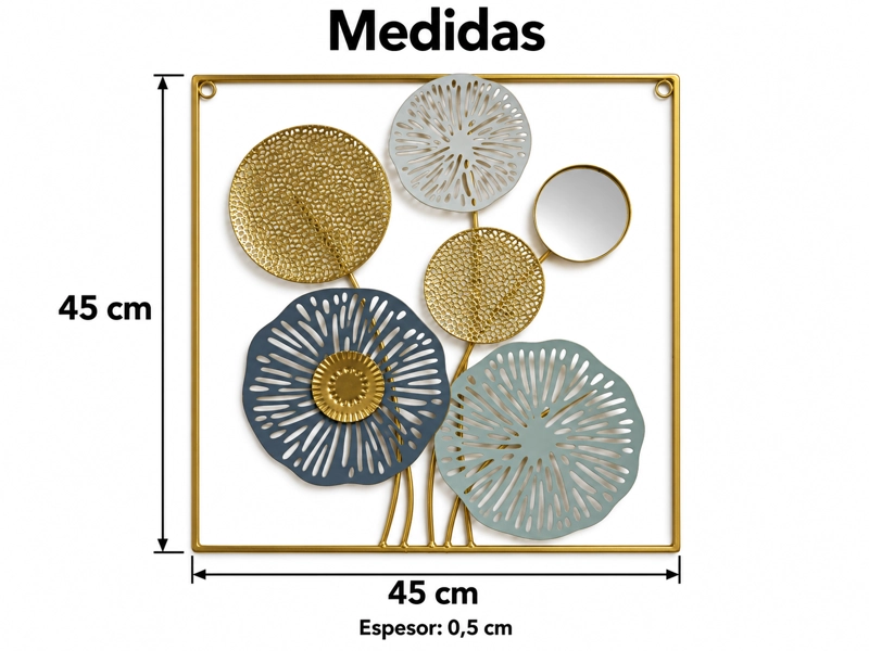 CUADRO DECORATIVO METALICO FLORAL CON ESPEJO 45X45 CM DISEÑO CALADO DORADO Y AZUL - 7