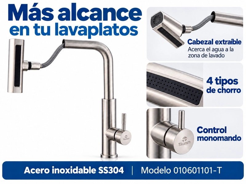 MONOMANDO LAVAPLATOS EXTRAIBLE TAUMM 4 CHORROS ACERO INOXIDABLE 304 GRIFO COCINA PLATEADO - 5