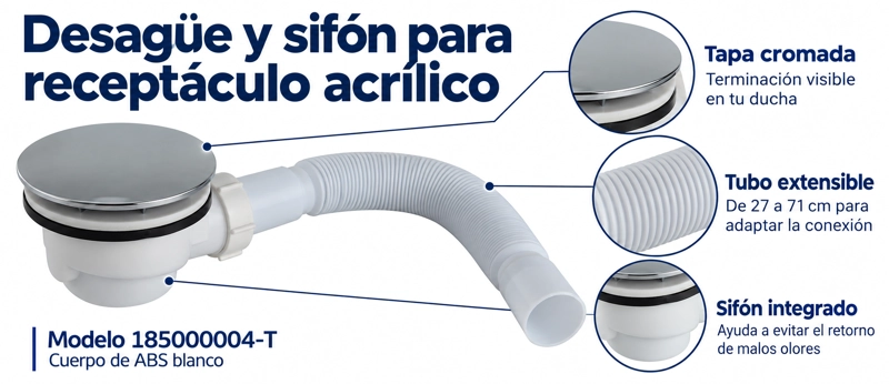 DESAGUE CON SIFON PARA RECEPTACULO DE DUCHA ACRILICO 90 MM TAUMM TAPA INOX 120 MM TUBO EXTENSIBLE - 3