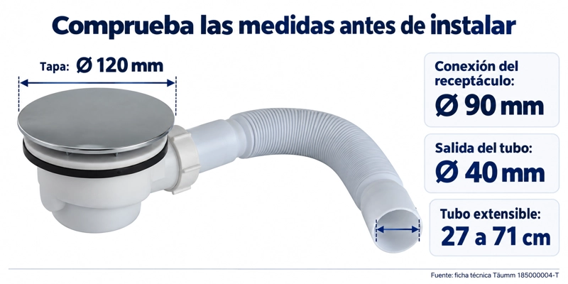 DESAGUE CON SIFON PARA RECEPTACULO DE DUCHA ACRILICO 90 MM TAUMM TAPA INOX 120 MM TUBO EXTENSIBLE - 4