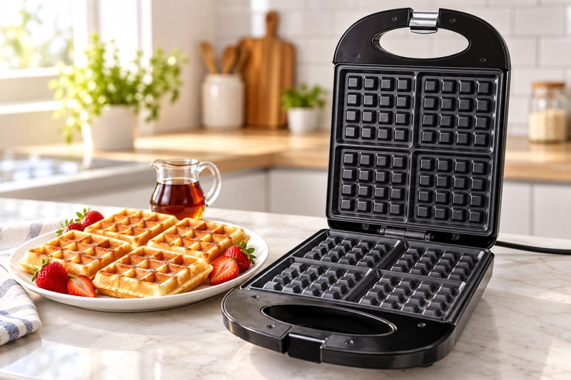 WAFFLERA ELECTRICA SOKANY 4 WAFFLES CUADRADOS 1200W ANTIADHERENTE MAQUINA DE WAFFLES NEGRA - 1
