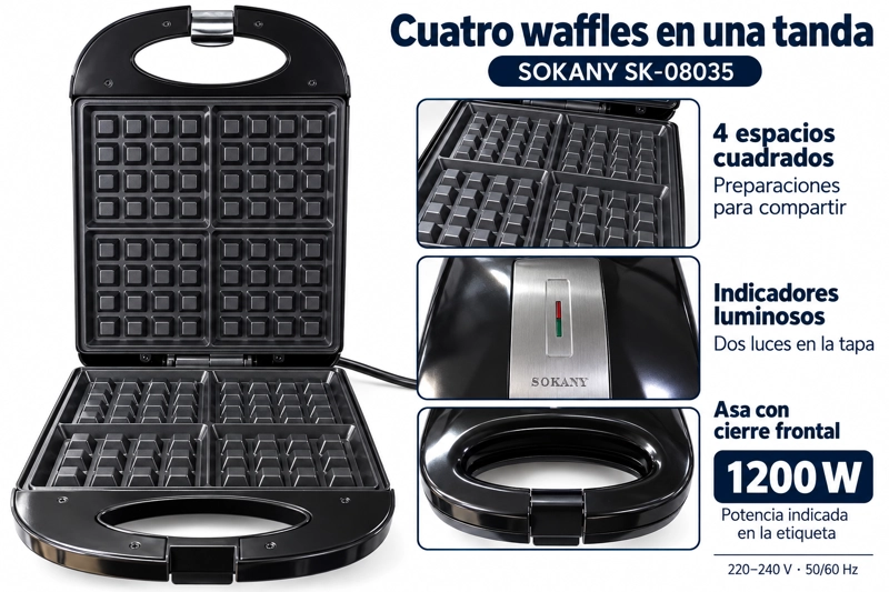 WAFFLERA ELECTRICA SOKANY 4 WAFFLES CUADRADOS 1200W ANTIADHERENTE MAQUINA DE WAFFLES NEGRA - 4