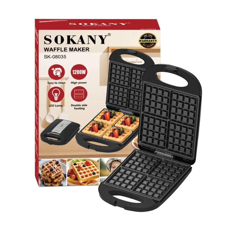 WAFFLERA ELECTRICA SOKANY 4 WAFFLES CUADRADOS 1200W ANTIADHERENTE MAQUINA DE WAFFLES NEGRA - 7