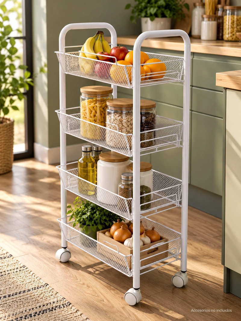 CARRITO ORGANIZADOR VERDULERO FRUTERO METALICO 4 NIVELES CON RUEDAS BLANCO - 1