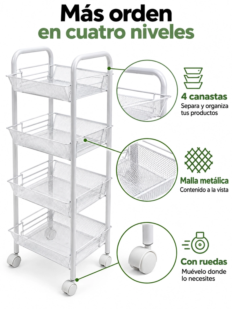 CARRITO ORGANIZADOR VERDULERO FRUTERO METALICO 4 NIVELES CON RUEDAS BLANCO - 3