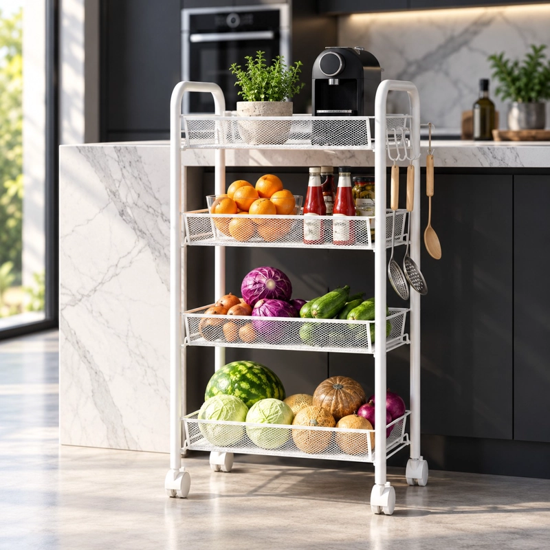 CARRITO ORGANIZADOR VERDULERO FRUTERO METALICO 4 NIVELES CON RUEDAS BLANCO - 6