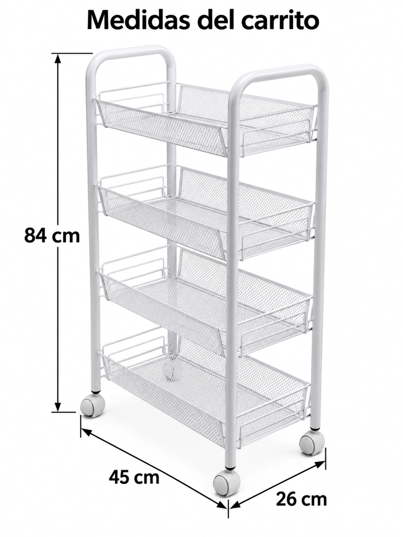 CARRITO ORGANIZADOR VERDULERO FRUTERO METALICO 4 NIVELES CON RUEDAS BLANCO - 8