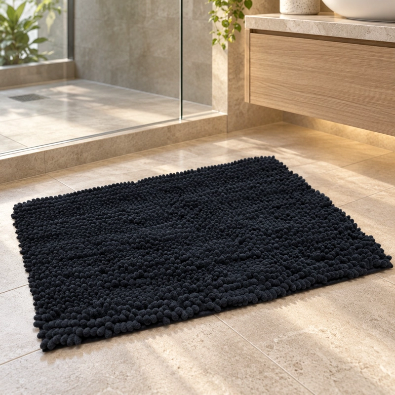 SET DE BAÑO 7 PIEZAS NEGRO MATE CON BAMBU INCLUYE BASURERO ESCOBILLA Y ALFOMBRA CHENILLE 45X70 CM - 2