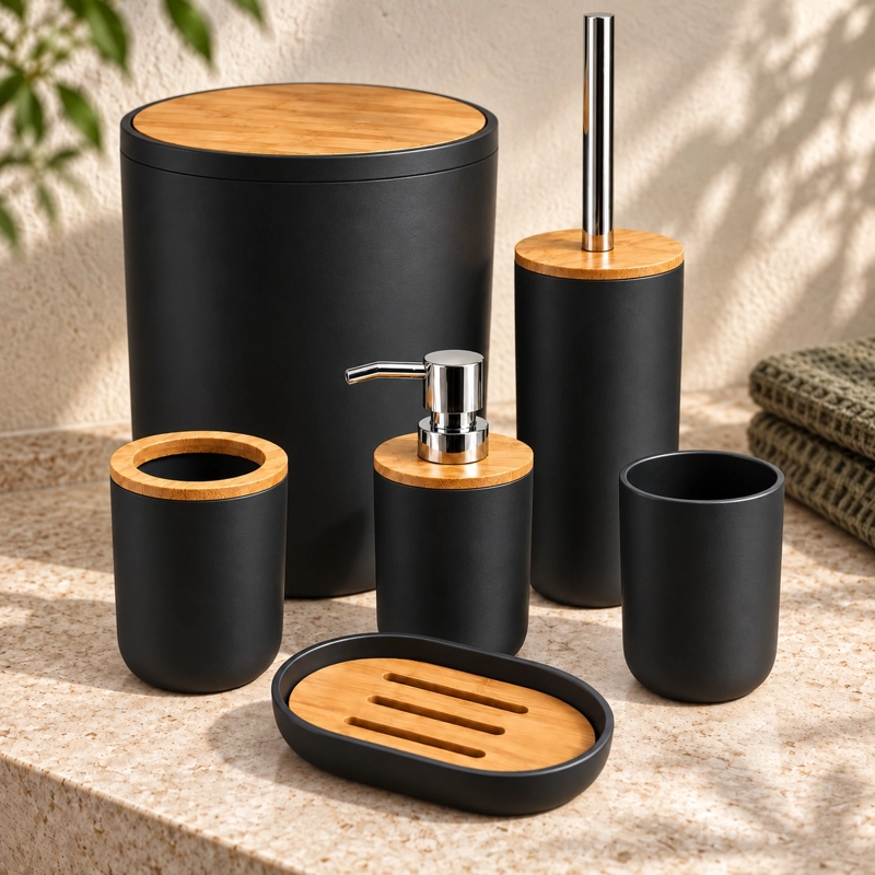 SET DE BAÑO 7 PIEZAS NEGRO MATE CON BAMBU INCLUYE BASURERO ESCOBILLA Y ALFOMBRA CHENILLE 45X70 CM - 3