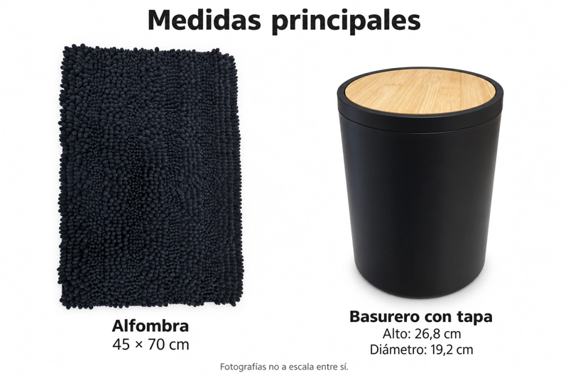 SET DE BAÑO 7 PIEZAS NEGRO MATE CON BAMBU INCLUYE BASURERO ESCOBILLA Y ALFOMBRA CHENILLE 45X70 CM - 5