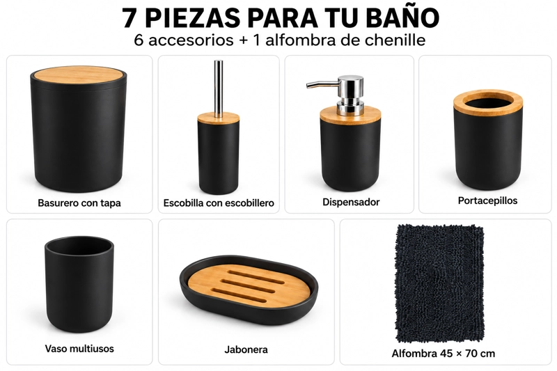 SET DE BAÑO 7 PIEZAS NEGRO MATE CON BAMBU INCLUYE BASURERO ESCOBILLA Y ALFOMBRA CHENILLE 45X70 CM - 6