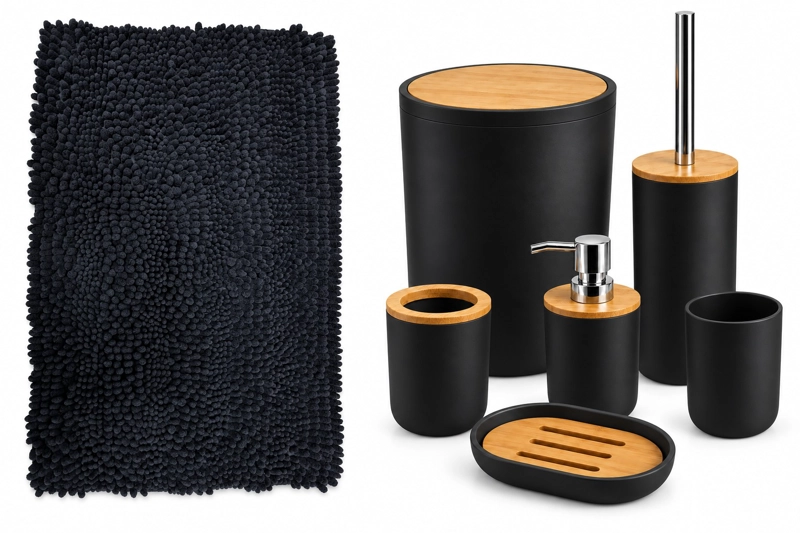 SET DE BAÑO 7 PIEZAS NEGRO MATE CON BAMBU INCLUYE BASURERO ESCOBILLA Y ALFOMBRA CHENILLE 45X70 CM - 7