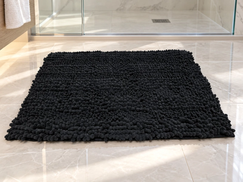 SET DE BAÑO 7 PIEZAS NEGRO MATE CON BAMBU INCLUYE BASURERO ESCOBILLA Y ALFOMBRA CHENILLE 45X70 CM - 9