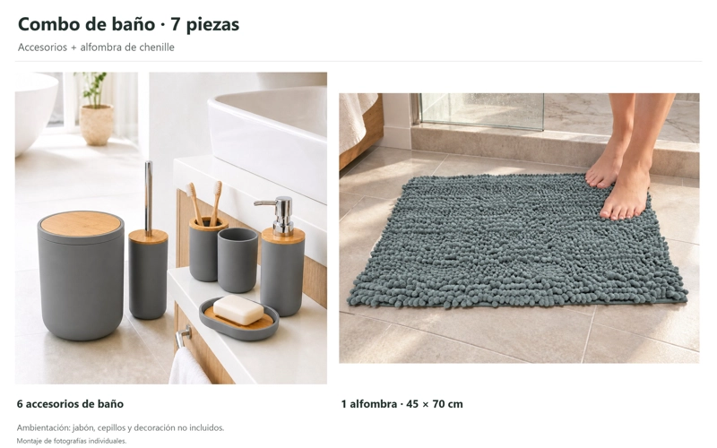 SET DE BAÑO 7 PIEZAS GRIS CON BAMBU INCLUYE BASURERO ESCOBILLA Y ALFOMBRA CHENILLE 45X70 CM - 2