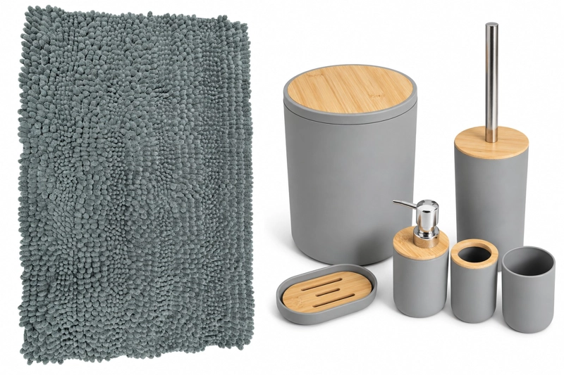 SET DE BAÑO 7 PIEZAS GRIS CON BAMBU INCLUYE BASURERO ESCOBILLA Y ALFOMBRA CHENILLE 45X70 CM - 3