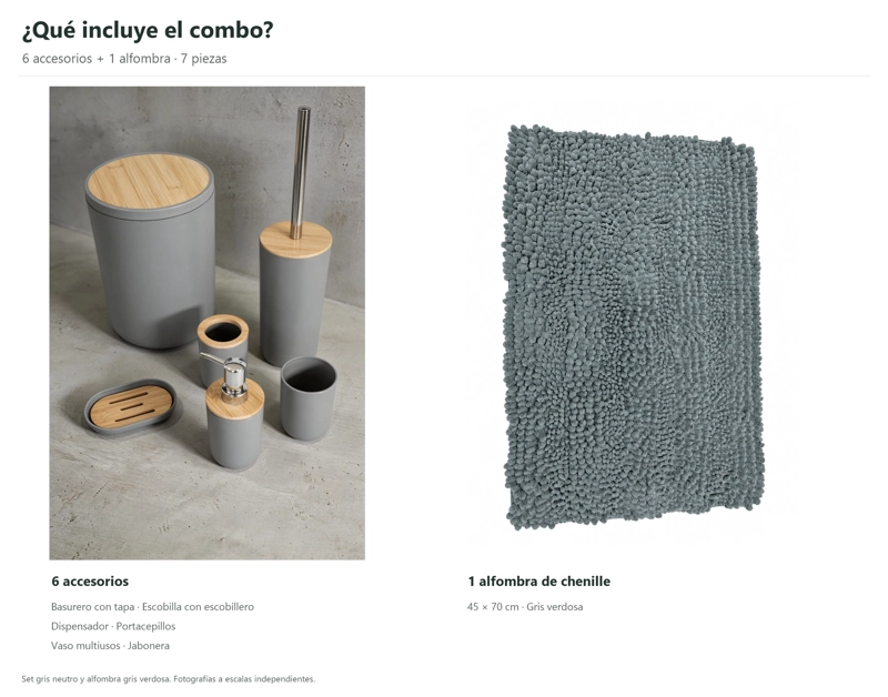 SET DE BAÑO 7 PIEZAS GRIS CON BAMBU INCLUYE BASURERO ESCOBILLA Y ALFOMBRA CHENILLE 45X70 CM - 6