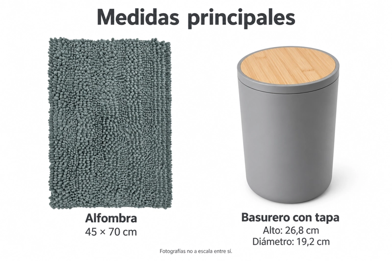 SET DE BAÑO 7 PIEZAS GRIS CON BAMBU INCLUYE BASURERO ESCOBILLA Y ALFOMBRA CHENILLE 45X70 CM - 7