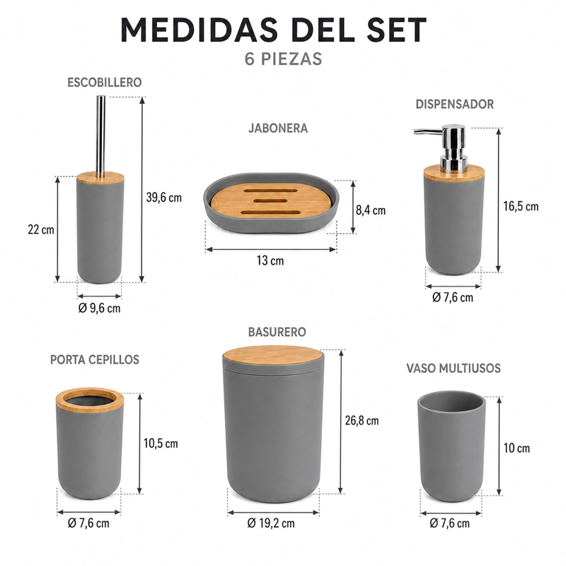 SET DE BAÑO 7 PIEZAS GRIS CON BAMBU INCLUYE BASURERO ESCOBILLA Y ALFOMBRA CHENILLE 45X70 CM - 8