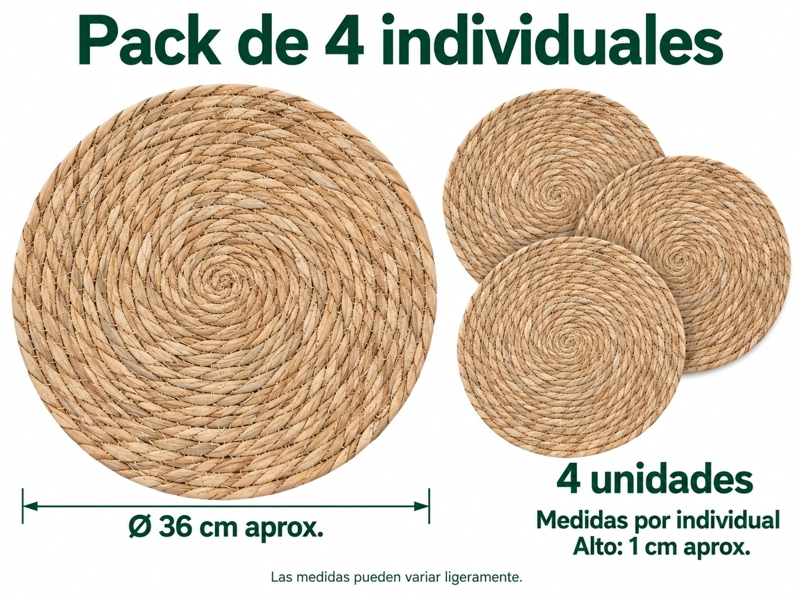 SET 4 INDIVIDUALES REDONDOS TEJIDOS DE FIBRA NATURAL 36 CM BEIGE, MANTEL INDIVIDUAL RUSTICO - 3