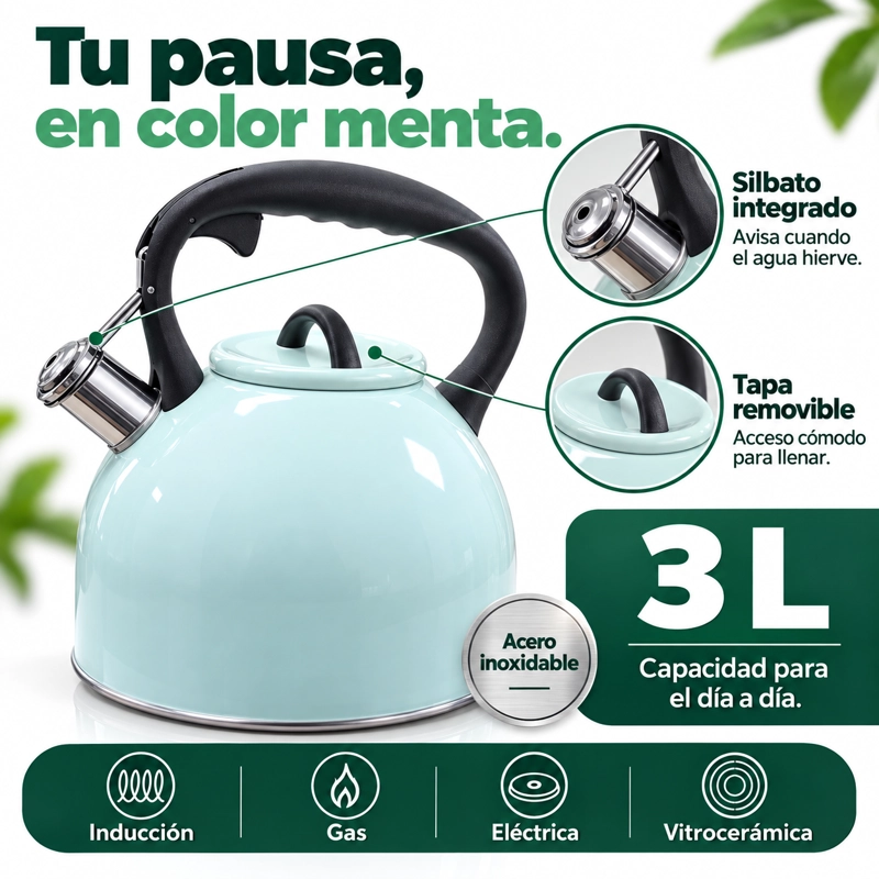 TETERA WENS SELENE 3 LITROS CON SILBATO ACERO INOXIDABLE APTA INDUCCION COLOR MENTA - 5