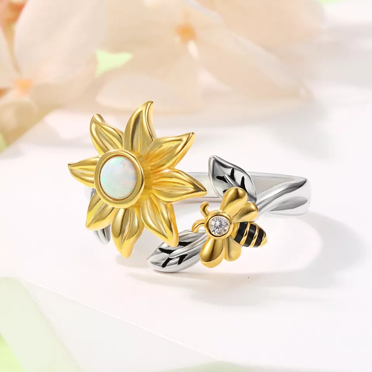 ANILLO VOUSEZ GIRASOL GIRATORIO ANTI ESTRES AJUSTABLE PLATA 925 - 2