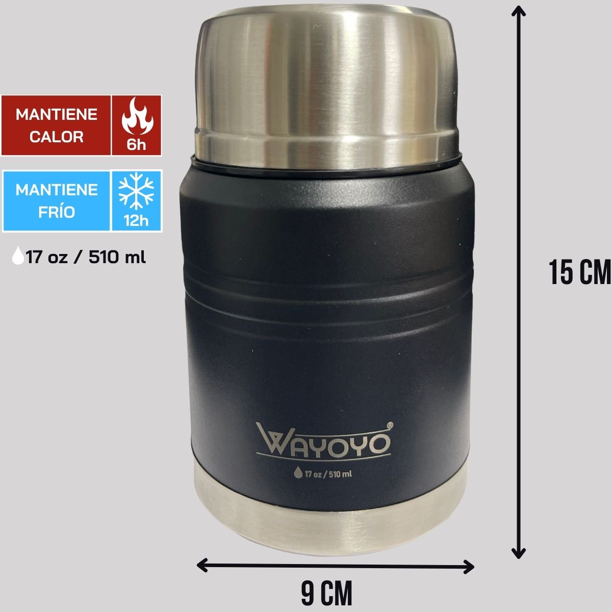 TARRO TERMO COMIDA ACERO INOXIDABLE WAYOYO 510 ML NEGRO - 2