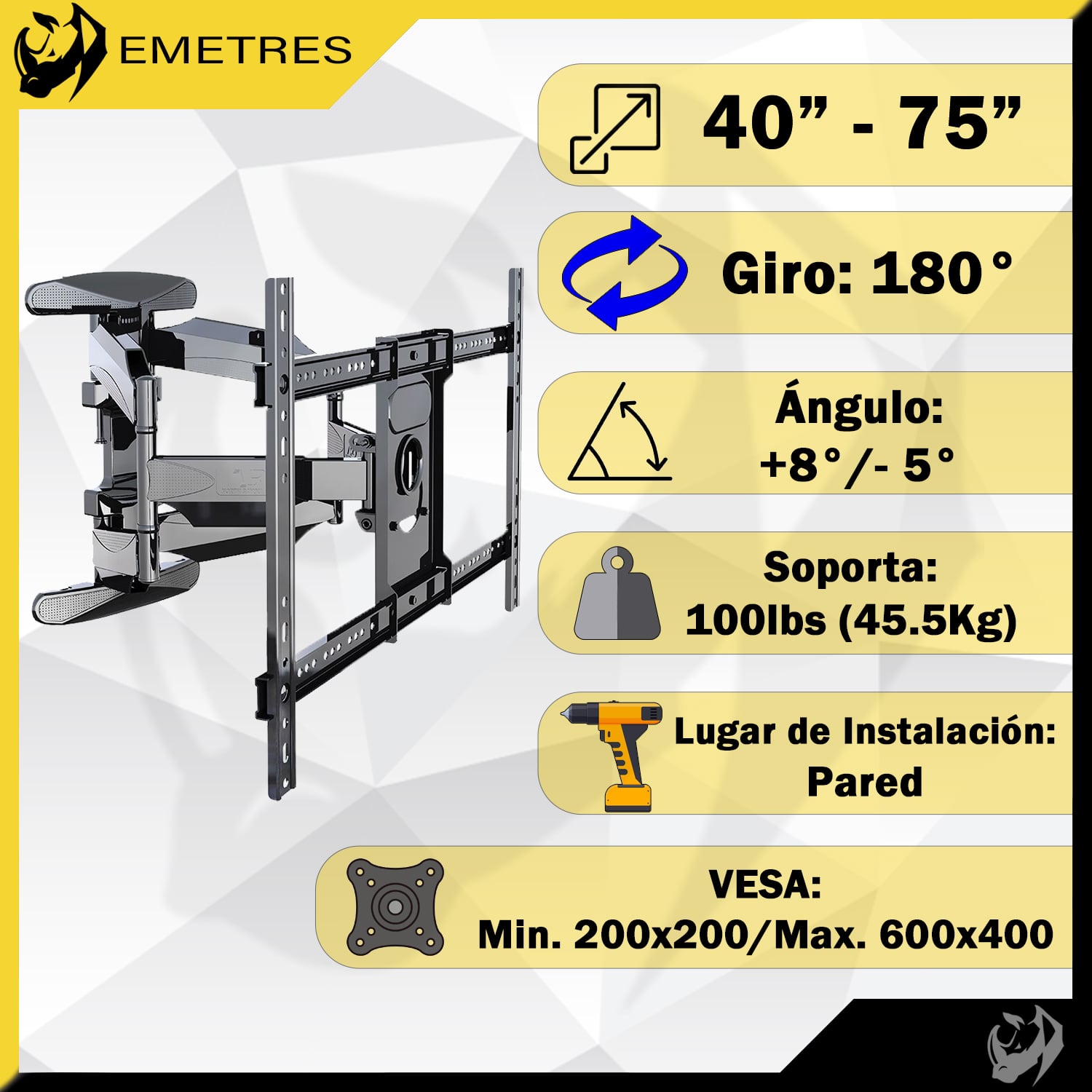 SOPORTE PARA PANTALLA TV PANTALLAS PARED 40 55 65 75 PULGADAS EMETRES BASE PARA TV COLOR NEGRO - 3