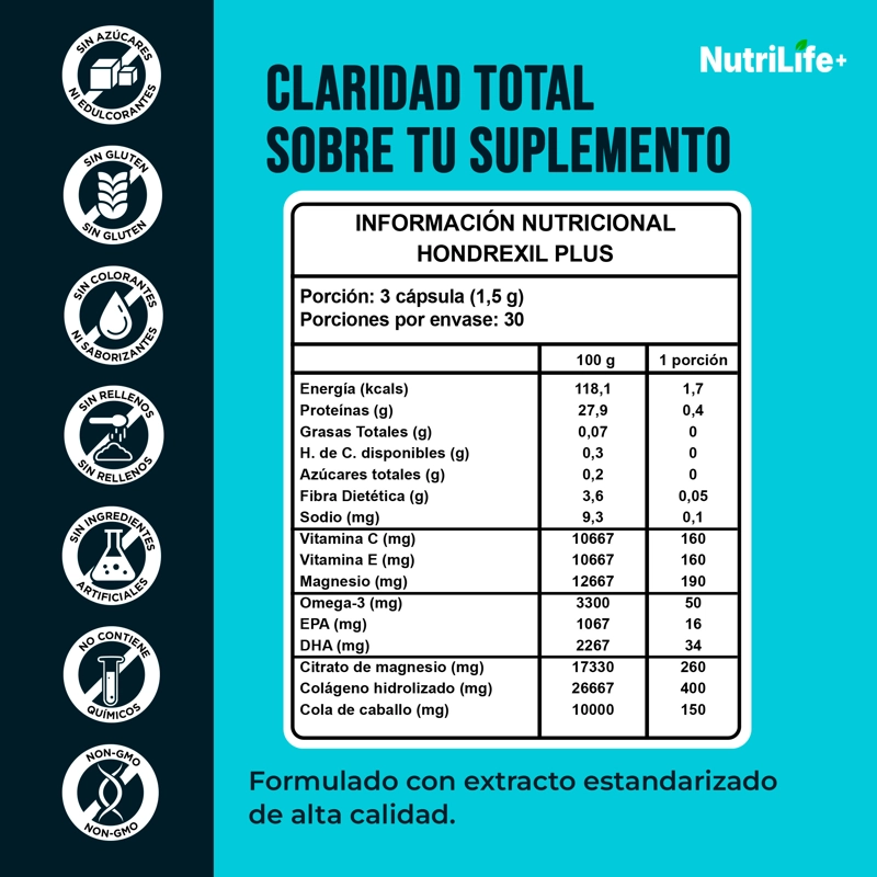 HONDREXIL PLUS 90 CAPSULAS NUTRILIFE+ 500MG AYUDA ARTICULACIONES NATURAL - 4