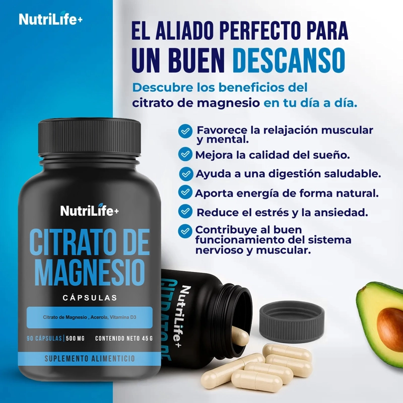 CITRATO DE MAGNESIO 500 MG 90 CAPSULAS NUTRILIFE+ SUPLEMENTO SIN SABOR - 4