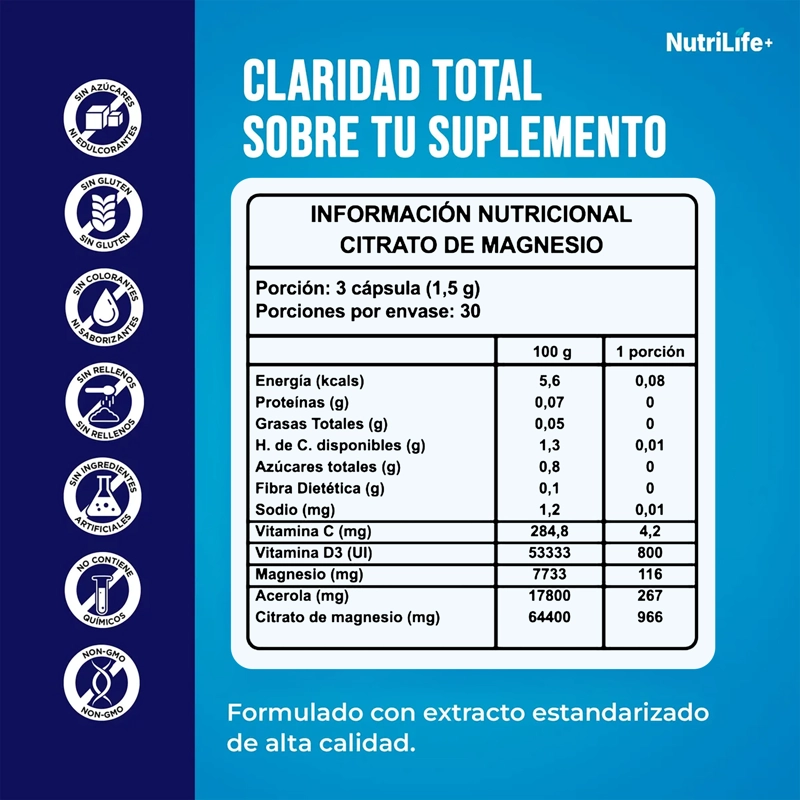 CITRATO DE MAGNESIO 500 MG 90 CAPSULAS NUTRILIFE+ SUPLEMENTO SIN SABOR - 5