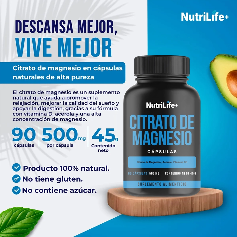 CITRATO DE MAGNESIO 500 MG 90 CAPSULAS NUTRILIFE+ SUPLEMENTO SIN SABOR - 6