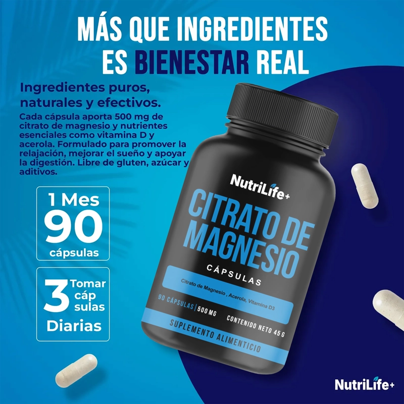 PACK 3 CITRATO DE MAGNESIO PURO 270 CAPSULAS NUTRILIFE+ SIN SABOR SUPLEMENTO - 2