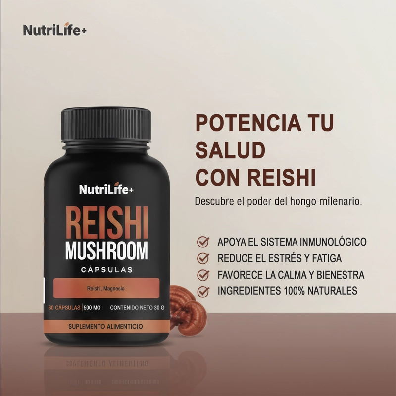 PACK 2 REISHI MUSHROOM 500MG 120 CAPSULAS NUTRILIFE+ SIN SABOR - 3