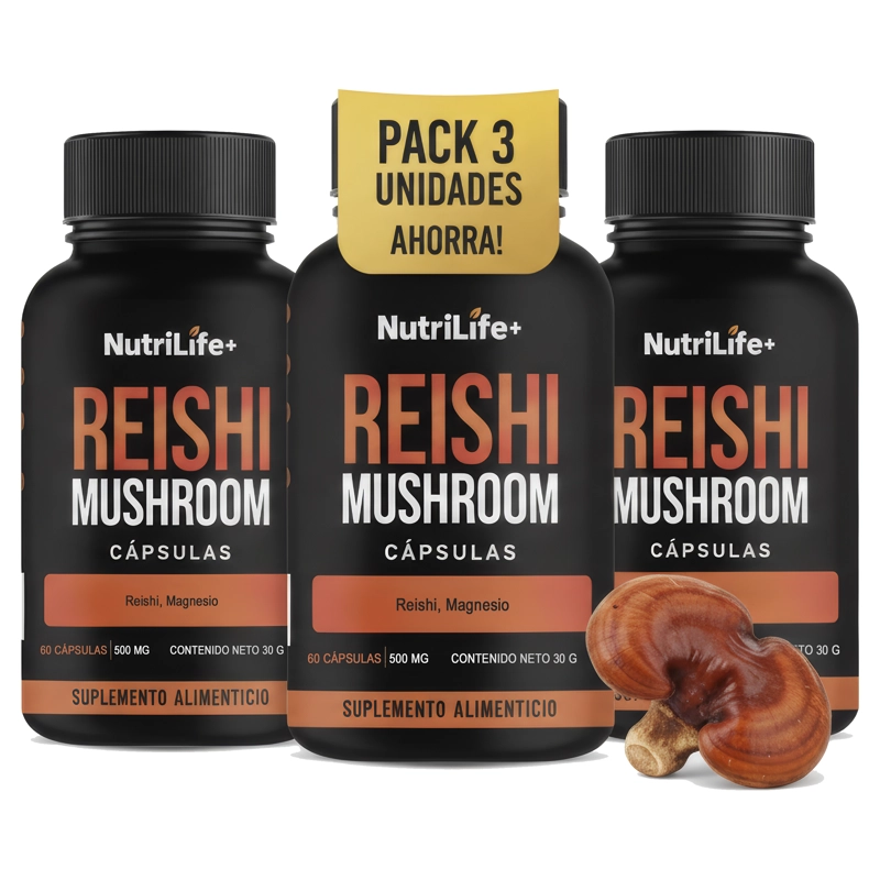 PACK 3 REISHI MUSHROOM 500MG 180 CAPSULAS NUTRILIFE+ 500 MG SIN SABOR - 1