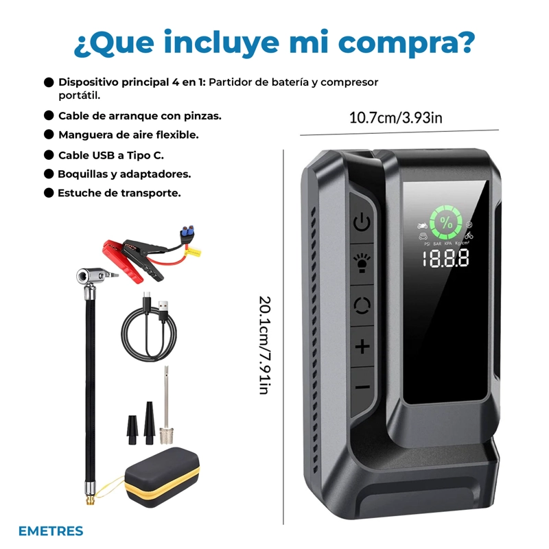COMPRESOR DE AIRE PORTATIL VEHICULOS NEUMATICOS PARTIDOR DE BATERIAS AUTO PARTIDOR DE BATERIA  12V - 3