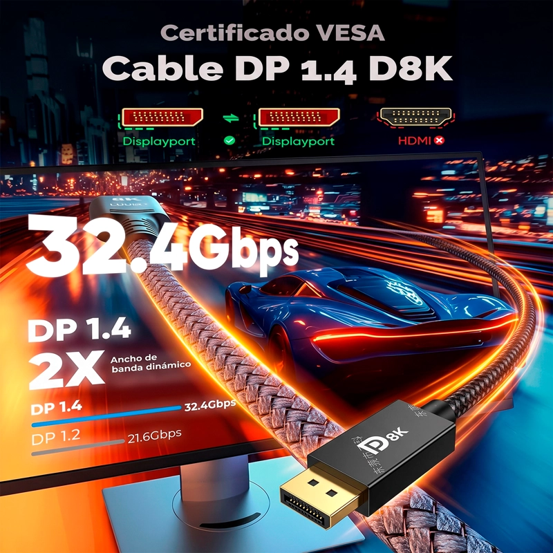 CABLE DISPLAYPORT 8K 2 METROS 4K 144HZ 240HZ DP A DP - 2