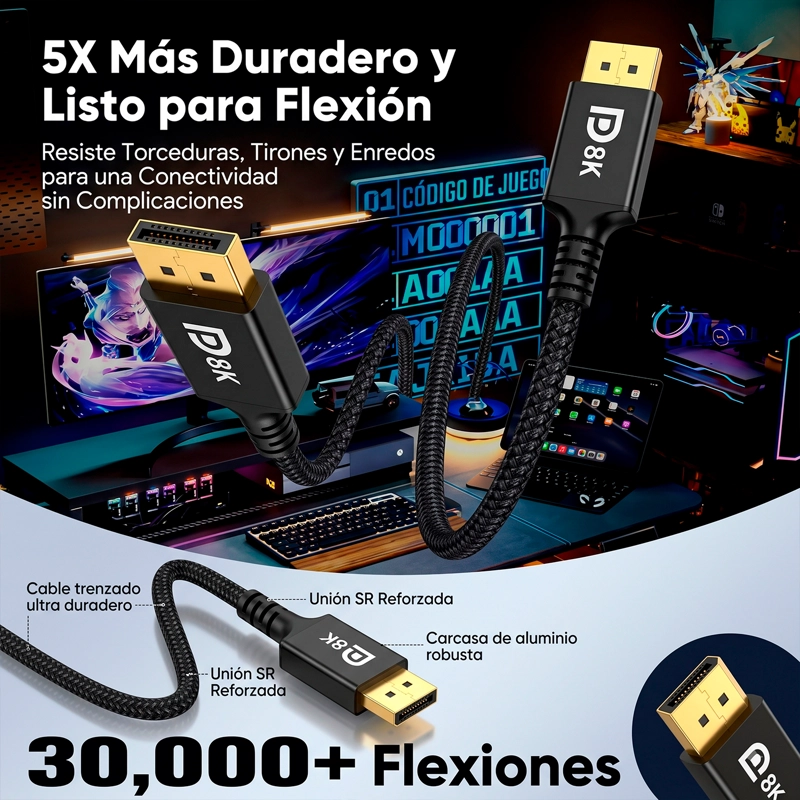 CABLE DISPLAYPORT 8K 2 METROS 4K 144HZ 240HZ DP A DP - 6